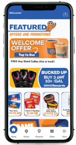 Mobile app home screen promoting offers and rewards, with a 'Welcome Offer' banner and coffee promotion at the top.