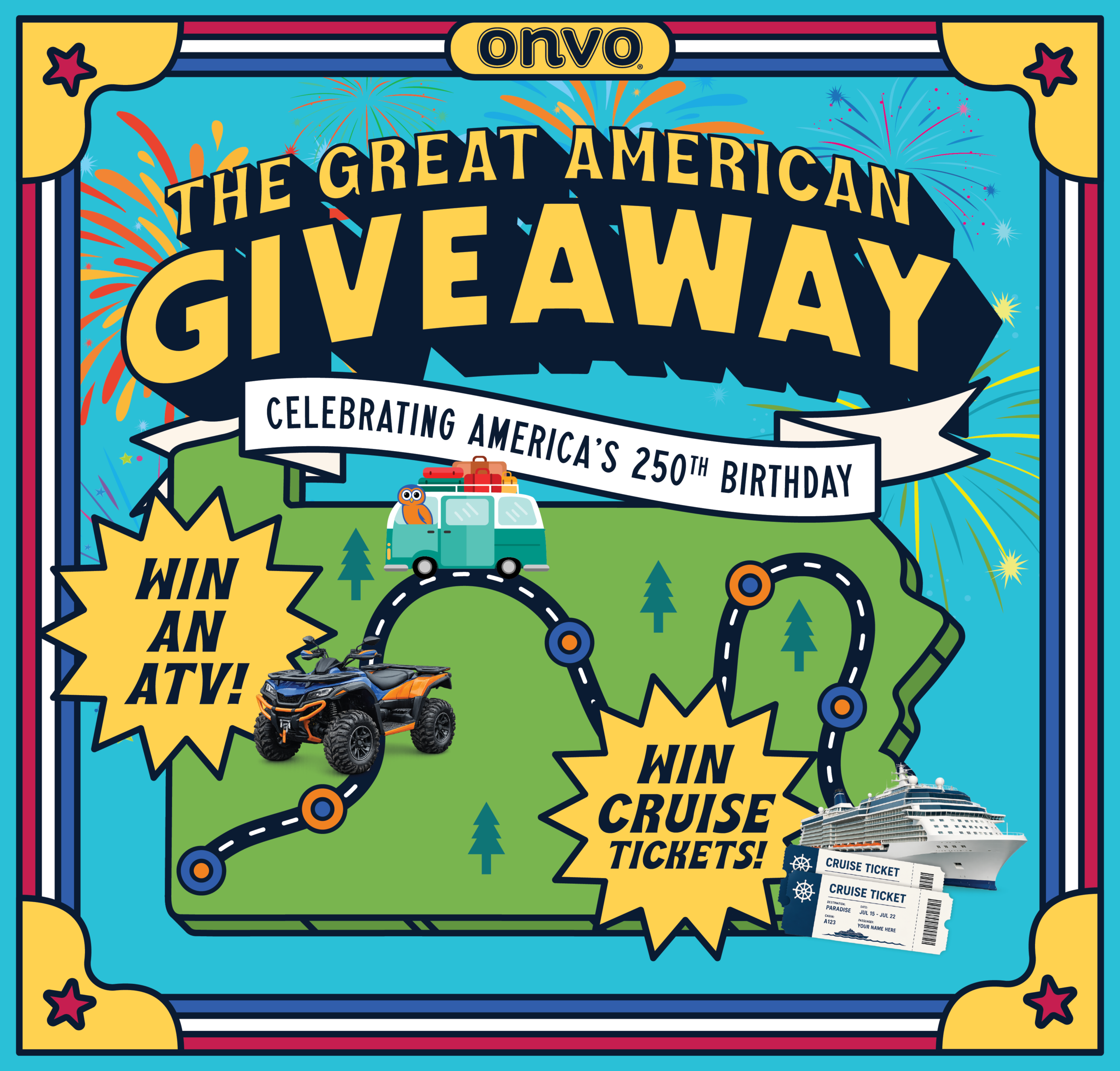 Colorful promotional poster titled 'The Great American Giveaway' featuring prizes like cruise tickets, ATVs, and jet skis with fireworks in the background.